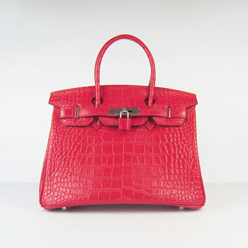 Hermes Birkin 30Cm Crocodile Stripe Handbags Red Silver
